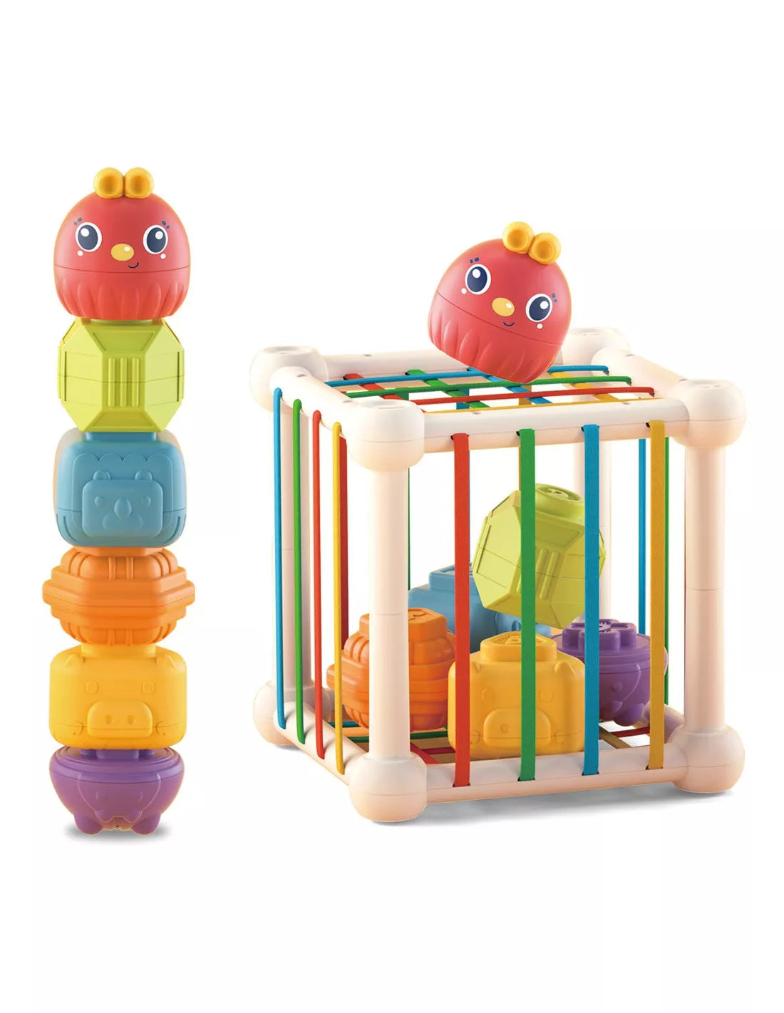 WOOPIE KŪDIKIO Lankstus sensorinis kubelių rūšiuoklis vaikams su gyvūnėliais + barškučiu, 7 vnt.